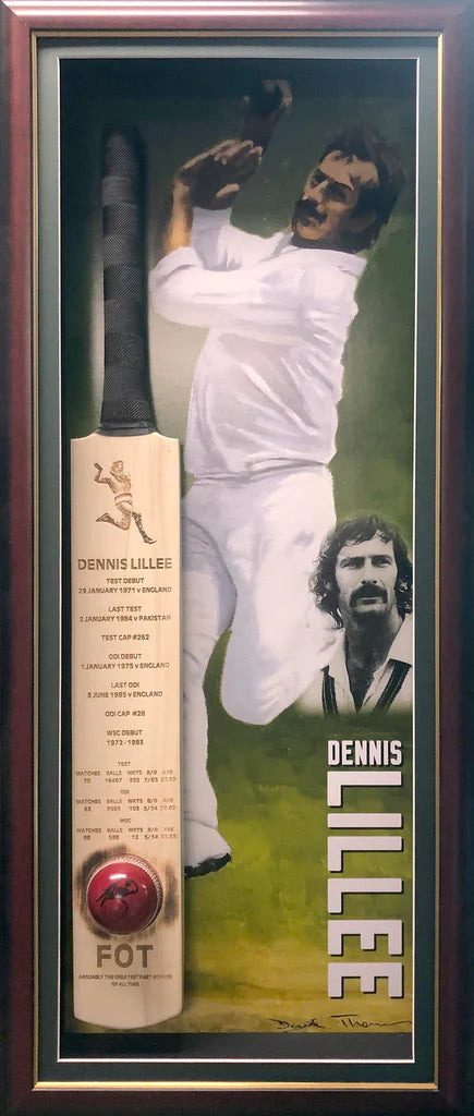 CRICKET-Dennis Lillee Signed Cricket Ball & Bat Framed