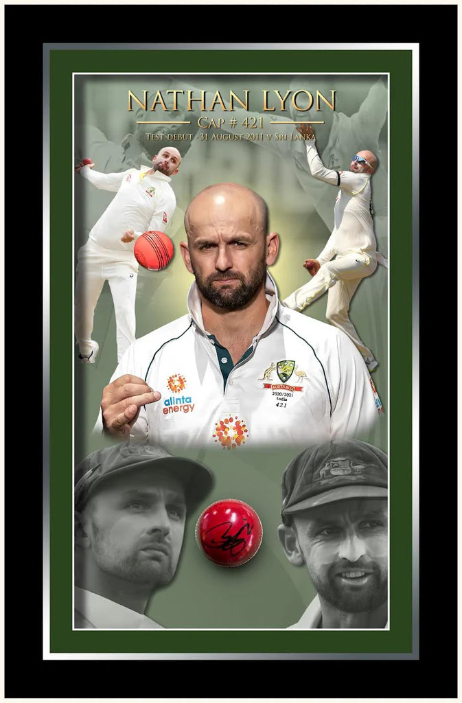 CRICKET-Nathan Lyon Signed Ball Framed