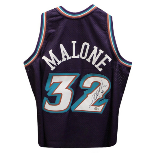 Karl Malone Autographed Utah Mitchell & Ness Purple Basketball Jersey - BAS Unframed