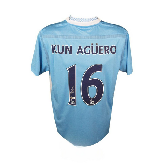 Sergio Aguero Autographed Manchester City Soccer Jersey Unframed